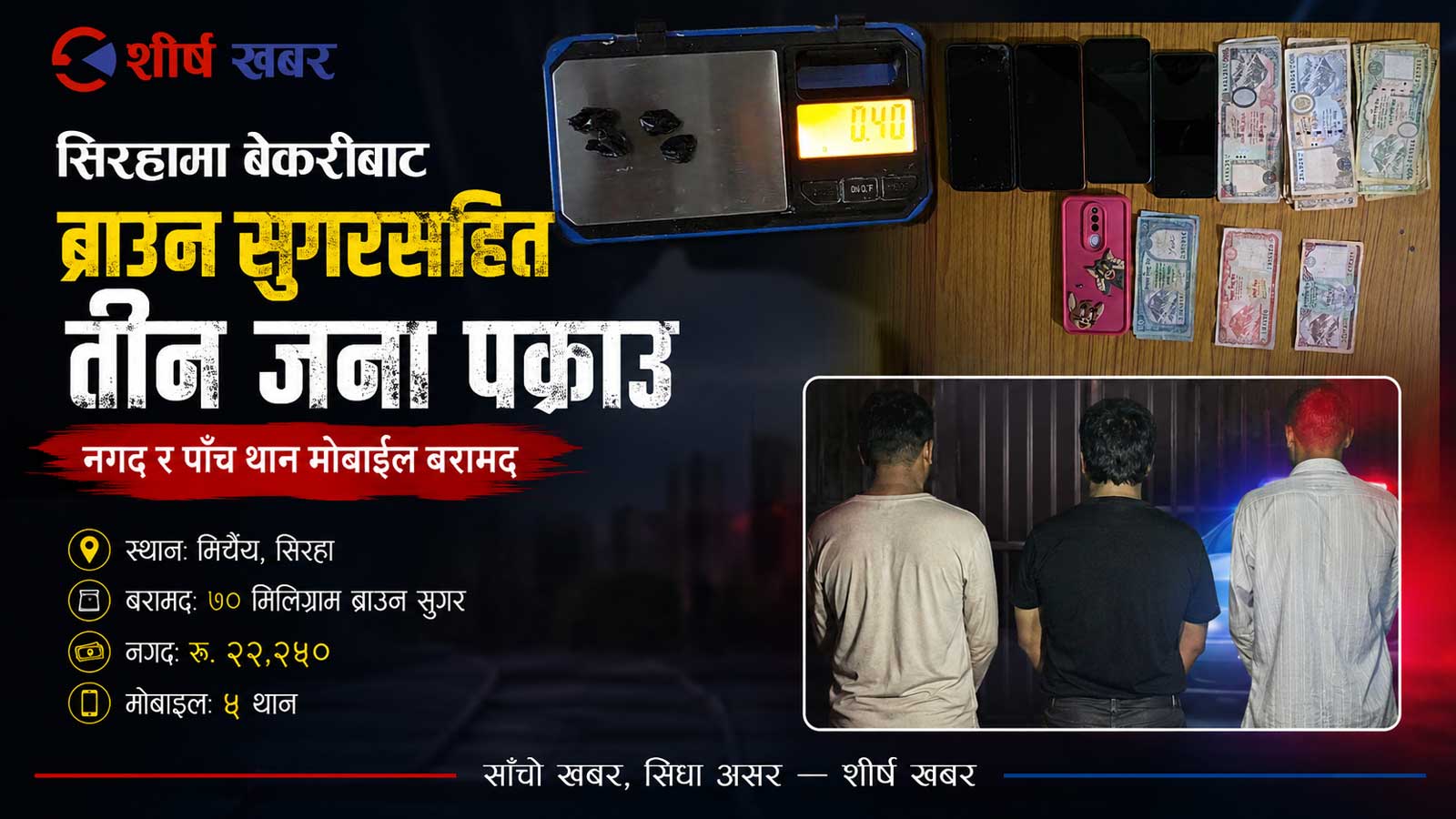 सिरहामा बेकरीबाट ब्राउन सुगरसहित तीन जना पक्राउ, नगद र पाँच थान मोबाइल बरामद