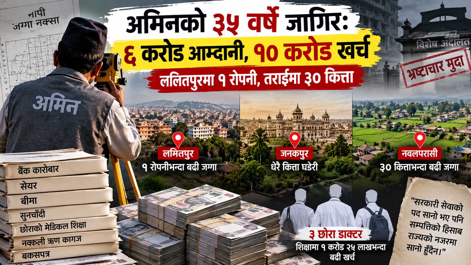 अमिनको ३५ वर्षे जागिरः ६ करोड आम्दानी, १० करोड खर्च – ललितपुरमा ९ रोपनी, तराईमा ३० कित्ता जग्गा